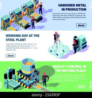 Metallic industry. Steel production horizontal advertising banners templates with pipe installation processes iron production garish vector flat illustration. Production factory metal. Metallic industry. Steel production horizontal advertising banners templates with pipe installation processes iron production garish vector flat illustration Stock Vector