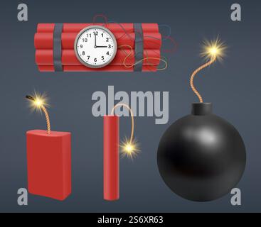 Dynamite. Bombs explosion 3d realistic red stick dynamite gunpowder firecracker decent vector templates. Illustration of danger bomb weapon and detonation. Dynamite. Bombs explosion 3d realistic red stick dynamite gunpowder firecracker decent vector templates Stock Vector