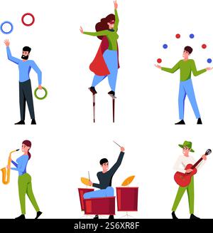Street performance. Acrobats jumps magician fire shows musicians dancers graffiti artists clowns on stilts walking on urban festival vector flat characters. Performance street people illustration. Street performance. Acrobats jumps magician fire shows musicians dancers graffiti artists clowns on stilts walking on urban festival garish vector flat characters Stock Vector