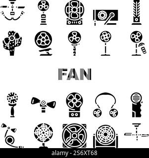 Fan Electronic Cooling Device Icons Set Vector. Ceiling Floor Fan, Children Ventilator In Cactus Shape Connected To Mobile Phone. Gadget With Remote Control Manual Glyph Pictograms Black Illustration. Fan Electronic Cooling Device Icons Set Vector Stock Vector