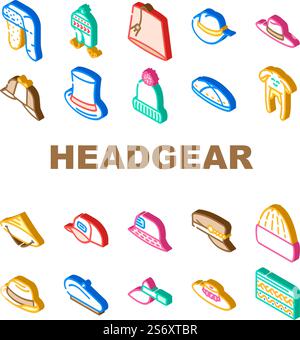 Headgear Stylish Head Clothes Icons Set Vector. Children Winter Warm Hat And Panama Summer Seasonal Clothing, Baseball Cap And French Beret, Cylinder And Dawley Limao Headgear Color Illustrations. Headgear Stylish Head Clothes Icons Set Vector Stock Vector