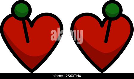 Two Valentines Heart With Pin Icon. Editable Bold Outline With Color Fill Design. Vector Illustration. Stock Vector