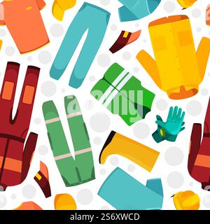Workwear pattern. Fashioned textile design template with different uniform clothes jackets pants and suits garish vector seamless background. Illustration of pattern seamless workwear. Workwear pattern. Fashioned textile design template with different uniform clothes jackets pants and suits garish vector seamless background Stock Vector