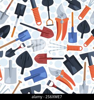 Gardenning pattern. Agricultural items for care garden shovel rakes and watering cans garish vector seamless template for textile design. Illustration of seamless gardening equipment. Gardenning pattern. Agricultural items for care garden shovel rakes and watering cans garish vector seamless template for textile design Stock Vector