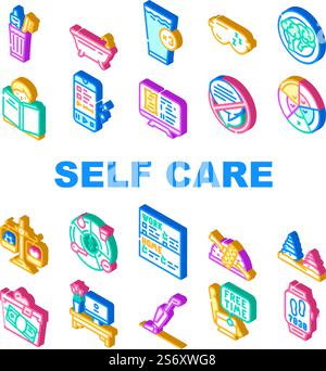 Self Care Procedure And Life Task Icons Set Vector. Self Care Training Exercise And Meditation, House Cleaning And Donation, Brush Teeth And Bathing, Eat Healthcare Food And Drink Color Illustrations. Self Care Procedure And Life Task Icons Set Vector Stock Vector