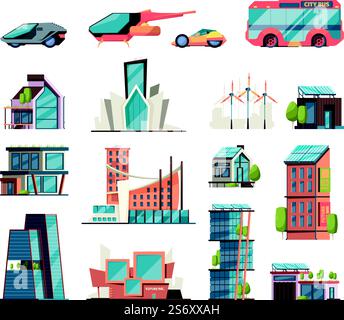 Futuristic cars. Cyber city future buildings and vehicles modern architectural objects skyscrapers and smart automobiles vector flat pictures. Illustration of city futuristic building and vehicle. Futuristic cars. Cyber city future buildings and vehicles modern architectural objects skyscrapers and smart automobiles garish vector flat pictures Stock Vector
