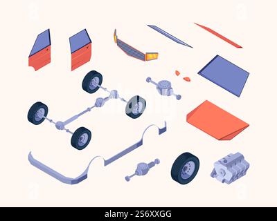 Car service parts. Isometric vehicle details turbo engine gears wheel tears filters muffler filters garish vector illustrations 3d set. Auto vehicle service, motor car parts. Car service parts. Isometric vehicle details turbo engine gears wheel tears filters muffler filters garish vector illustrations 3d set Stock Vector