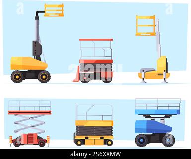 Construction lifts. Heavy machinery forklifts for moving containers cargo boxes truck for builders garish vector flat illustration vehicles in flat style. Forklift bulldozer vehicle collection. Construction lifts. Heavy machinery forklifts for moving containers cargo boxes truck for builders garish vector flat illustration vehicles in flat style Stock Vector