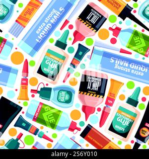 Glue pattern. Office supplies bottles collection with liquid glue garish vector seamless background for textile design projects. Illustration of glue container to repair and fix. Glue pattern. Office supplies bottles collection with liquid glue garish vector seamless background for textile design projects Stock Vector