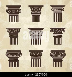 Antique columns. Ancient architecture museum exhibition pillars greek ornate columns recent vector stylized icons collection. Illustration of ancient architecture column or pillar. Antique columns. Ancient architecture museum exhibition pillars greek ornate columns recent vector stylized icons collection Stock Vector