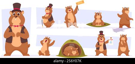 Groundhogs. Cute wild animals day of time loop groundhogs illustrations in cartoon style exact vector pictures set. Groundhog character and woodchuck. Groundhogs. Cute wild animals day of time loop groundhogs illustrations in cartoon style exact vector pictures set Stock Vector