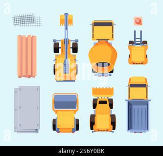 Construction vehicles top view. Production yellow cars for builders maintenance workers transport excavator trucks heavy machines vector. Top vehicle for building, machinery automobile illustration. Construction vehicles top view. Production yellow cars for builders maintenance workers transport excavator big trucks heavy machines garish vector templates Stock Vector