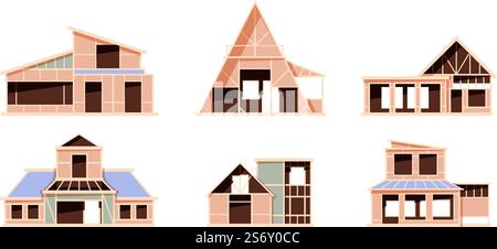 Construction stages. Building cottages exterior house foundation processes wooden roofing garish vector flat illustrations. Building construction foundation. Construction stages. Building cottages exterior house foundation processes wooden roofing garish vector flat illustrations Stock Vector