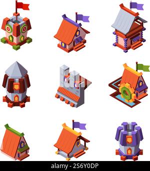Game buildings. Isometric props for cartoon games construction collection in fantasy style farm cottages garish vector 3d template. Illustration of architecture building toys. Game buildings. Isometric props for cartoon games construction collection in fantasy style farm cottages garish vector 3d template Stock Vector