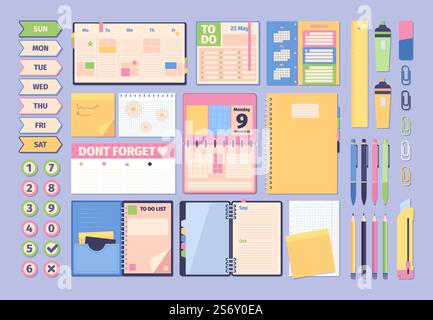 Office supplies. Notes travel books diary sketchbook with paper pages notepad pencils pen garish vector colored illustrations. Office notebook paper for education and business. Office supplies. Notes travel books diary sketchbook with paper pages notepad pencils pen garish vector colored illustrations Stock Vector