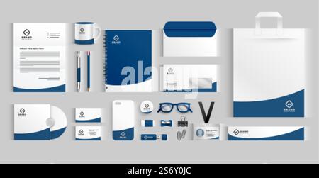 stylish business stationery items set in blue color Stock Vector