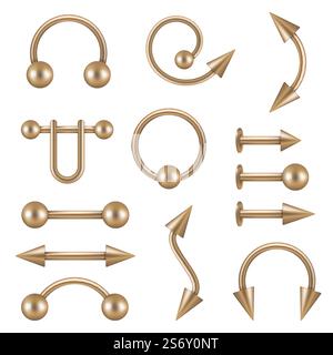 Piercing elements. Tattoo salon jewelry for face decoration nose lips ear metallic objects geometric shapes and arrows decent vector realistic 3d set. Illustration of metallic pierce accessory. Piercing elements. Tattoo salon jewelry for face decoration nose lips ear metallic objects geometric shapes and arrows decent vector realistic 3d set Stock Vector