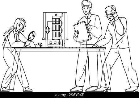 Engineering Laboratory Workers Developing Vector. In Engineering Laboratory Engineers Man And Woman Development And Researching Innovative Technology. Characters black line illustration. Engineering Laboratory Workers Developing Vector Stock Vector