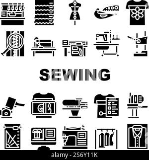 factory sewing sew machine icons set vector. tailor fabricthread, textile fashion, needle industry, needlework, woman seamstress factory sewing sew machine glyph pictogram Illustrations. factory sewing sew machine icons set vector Stock Vector