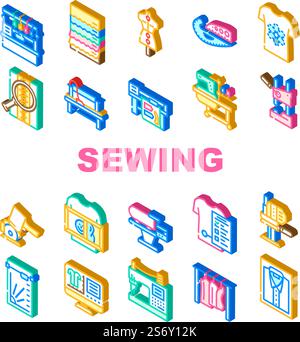 factory sewing sew machine icons set vector. tailor fabricthread, textile fashion, needle industry, needlework, woman seamstress factory sewing sew machine isometric sign illustrations. factory sewing sew machine icons set vector Stock Vector