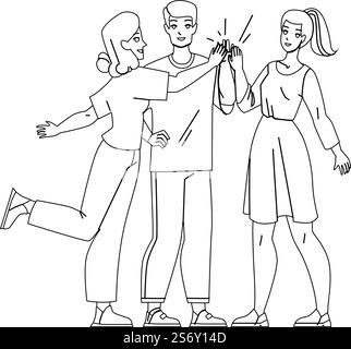Man And Woman Colleagues Together Work Vector. Boy And Girl Co-workers Together Work In Company, Successful Goal Achievement And Teamwork. Characters Team black line illustration. Man And Woman Colleagues Together Work Vector Stock Vector