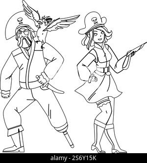 Man And Woman Pirate Standing Together Vector. Bearded Guy With Parrot Bird On Shoulder And Woman With Weapon Gun Wearing Pirate Hat And Costume. Characters black line illustration. Man And Woman Pirate Standing Together Vector Stock Vector