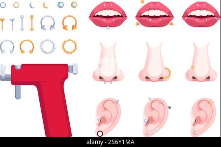 Piercing face. Body decoration metallic geometrical rings dots arrows brackets vector steel accessories for piercing nose lips eyes nose vector set. Illustration of decoration metallic ring piercing. Piercing face. Body decoration metallic geometrical symbols rings dots arrows brackets garish vector steel accessories for piercing nose head lips eyes nose garish vector set Stock Vector