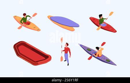 Kayak isometric. Sport rafting adventure travelling outdoor extreme lifestyle canoe boat water vessel garish vector template of kayak. Illustration of travel boat and kayak, canoe with paddle. Kayak isometric. Sport rafting adventure travelling outdoor extreme lifestyle canoe boat water vessel garish vector template of kayak Stock Vector