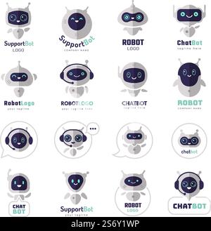 Chatbot logo. Virtual future electronic cyborg characters android faces messenger templates recent vector colored pictures identity. Illustration of bot and robot cyborg. Chatbot logo. Virtual future electronic cyborg characters android faces messenger templates recent vector colored pictures identity Stock Vector