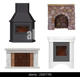 Fireplace realistic. Home modern chimney place for relax concept symbols of cosiness decent vector pictures of fireplaces from bricks and decorative columns. Fireplace interior home illustration. Fireplace realistic. Home modern chimney place for relax concept symbols of cosiness decent vector pictures of fireplaces from bricks and decorative columns Stock Vector
