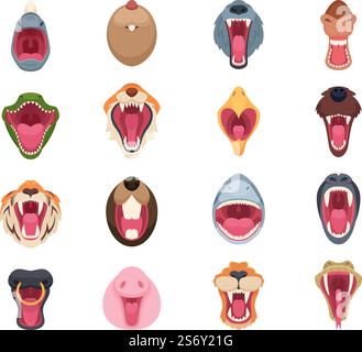 Angry animal mouth. Wild zoo character faces bear snake wolf and horse exact vector illustrations set. Animal angry mask, aggressive beast mascot. Angry animal mouth. Wild zoo character faces bear snake wolf and horse exact vector illustrations set Stock Vector
