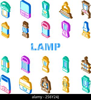 Camp Lamp Lighting Equipment Icons Set Vector. Vintage And Modern Electronic Camp Lamp Outdoor Device, Oil And Paraffin, Light Portable Gadget With Motion Sensor Isometric Sign Color Illustrations. Camp Lamp Lighting Equipment Icons Set Vector Stock Vector