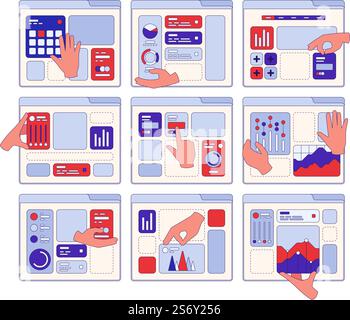 Build interface. Hands holding different ui geometrical elements application construction garish vector web page design concept. Illustration of build interface website technology. Build interface. Hands holding different ui geometrical elements application construction garish vector web page design concept Stock Vector