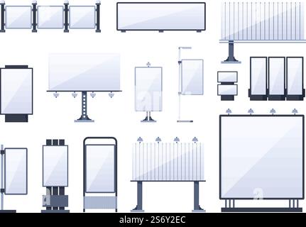 Urban billboards. Outdoor city place for banners various ads boards templates vector garish flat pictures isolated. Illustration of billboard city banner, urban commercial advertising. Urban billboards. Outdoor city place for banners various ads boards templates vector garish flat pictures isolated Stock Vector