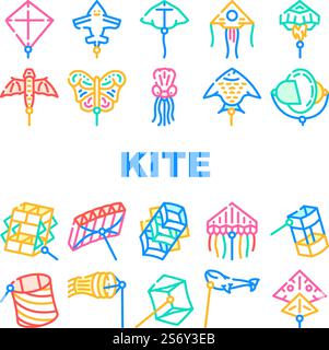 Flying Kite Children Funny Toy Icons Set Vector. Flying Kite In Airplane And Rocket Shape, Jellyfish And Fish Form, Stingray And Butterfly. Outdoor Game Enjoying Color Illustrations. Flying Kite Children Funny Toy Icons Set Vector Stock Vector