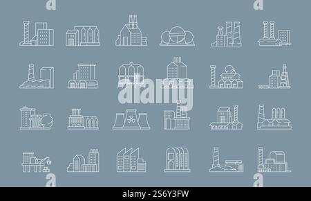 Factory icons. Industrial building factory storage modern warehouses garish vector line symbols. Illustration of building factory industry icon. Factory icons. Industrial building factory storage modern warehouses garish vector line symbols Stock Vector