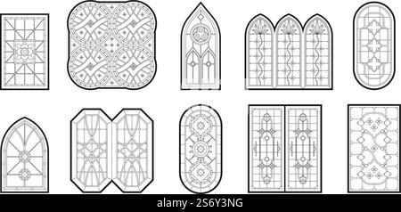 Gothic windows. Vertical geometrical big window frames with catholic mosaic decoration garish vector illustrations set. Window gothic architecture design. Gothic windows. Vertical geometrical big window frames with catholic mosaic decoration garish vector illustrations set Stock Vector