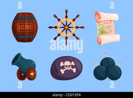 Pirate set. Old weapons treasure bottles bomb vintage elements and pirate symbols garish vector illustrations in flat style. Pirate elements rum and barrel. Pirate set. Old weapons treasure bottles bomb vintage elements and pirate symbols garish vector illustrations in flat style Stock Vector