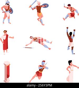 Ancient fighters. Rome gladiators fighters warrior weapons historical person garish vector isometric illustrations. Gladiator and warrior with sword. Ancient fighters. Rome gladiators fighters warrior weapons historical person garish vector isometric illustrations Stock Vector