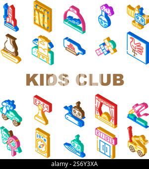 Kids Club Hobby Funny Occupation Icons Set Vector. Street Games Sport Tourism, Theatrical And Chemistry Children Club, Air Simulation Radio Controlled Car Sections Isometric Sign Color Illustrations. Kids Club Hobby Funny Occupation Icons Set Vector Stock Vector