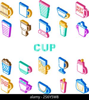 Cup Utensil For Drinking Beverage Icons Set Vector. Cup For Tea And Coffee Energy Hot Drink, Sports Shaker And For Tourist, Printed Kitchenware Wooden Material Mug Isometric Sign Color Illustrations. Cup Utensil For Drinking Beverage Icons Set Vector Stock Vector