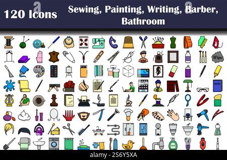 120 Icons Of Sewing, Painting, Writing, Barber, Bathroom. Editable Bold Outline With Color Fill Design. Vector Illustration. Stock Vector