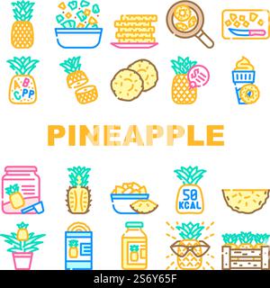 fruit pineapple slice cut food icons set vector. white fresh tropical yellow sweet ananas, leaf, piece summer juicy half ripe dessert fruit pineapple slice cut food color line illustrations. fruit pineapple slice cut food icons set vector Stock Vector
