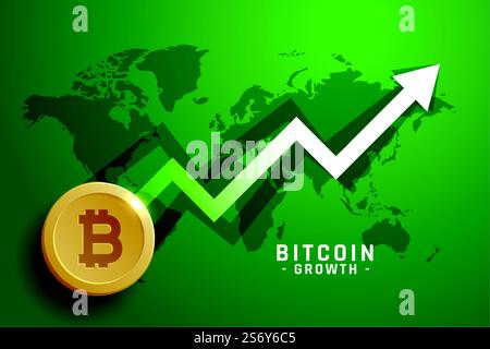 golden bitcoin with growth arrow on green background with world map Stock Vector