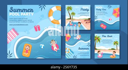Summer Pool Party Social Media Post Template Cartoon Background Vector Illustration Stock Vector