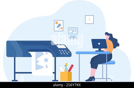 Print Shop Illustration with Production Process at Printing House and Machines for Operating big File Printers in Flat Style Cartoon Stock Vector