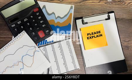 Concept of Please Explain write on sticky notes isolated on Wooden Table. Stock Photo