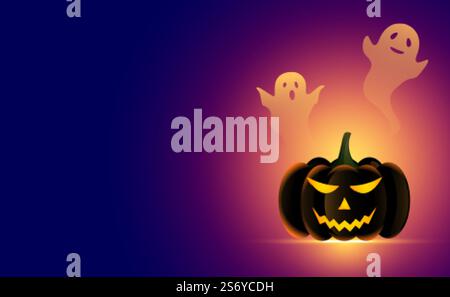 realistic halloween pumpkin with scary ghosts background Stock Vector