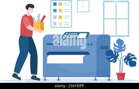 Print Shop Illustration with Production Process at Printing House and Machines for Operating big File Printers in Flat Style Cartoon Stock Vector