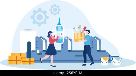 Print Shop Illustration with Production Process at Printing House and Machines for Operating big File Printers in Flat Style Cartoon Stock Vector